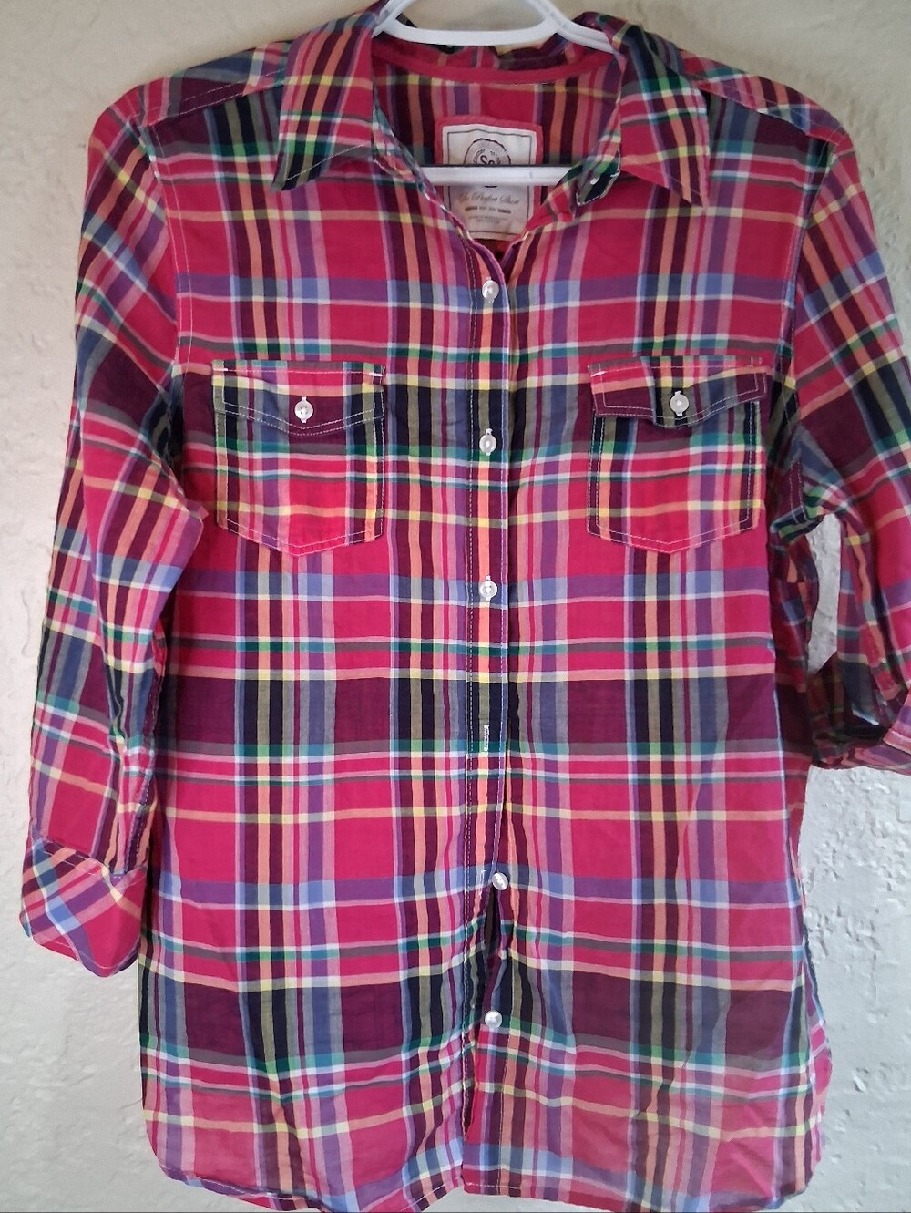 SO Perfect Shirt Girls Lightweight Pink Plaid Button-Down Roll Tab Slv Sz XL